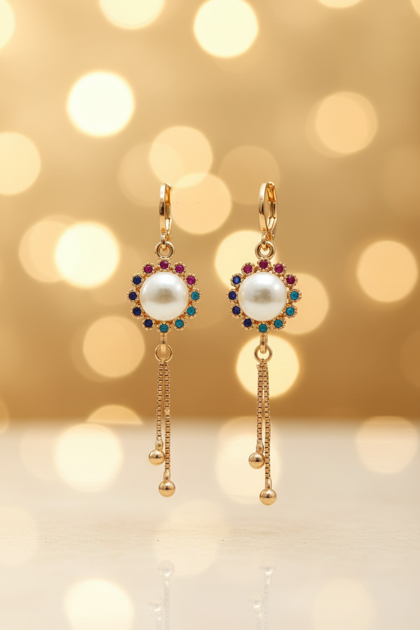 Gold Huggie Hoop Pearl Centre Rainbow CZ Flower Halo Drop Earrings - E-commerce Product Image