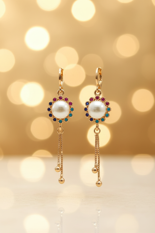 Gold Huggie Hoop Pearl Centre Rainbow CZ Flower Halo Drop Earrings - E-commerce Product Image