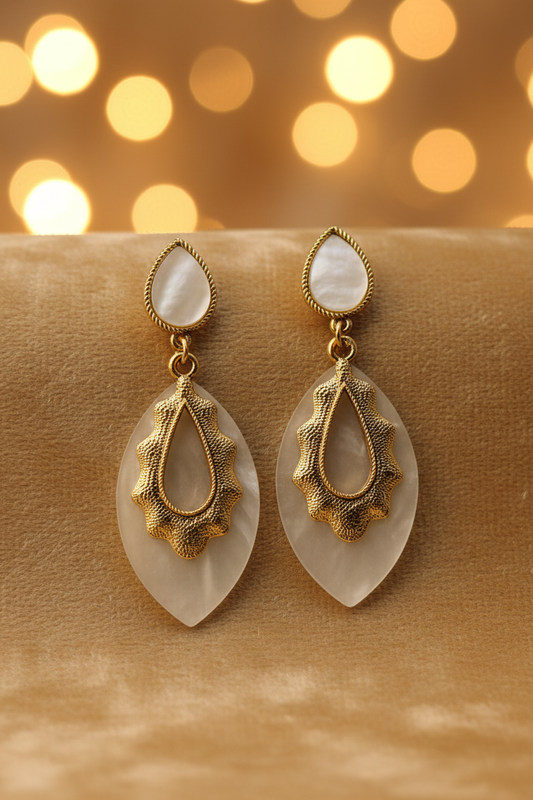 Gold Twisted Rope Teardrop Stud Frosted Shell Marquise Drop Earrings - E-commerce Product Image