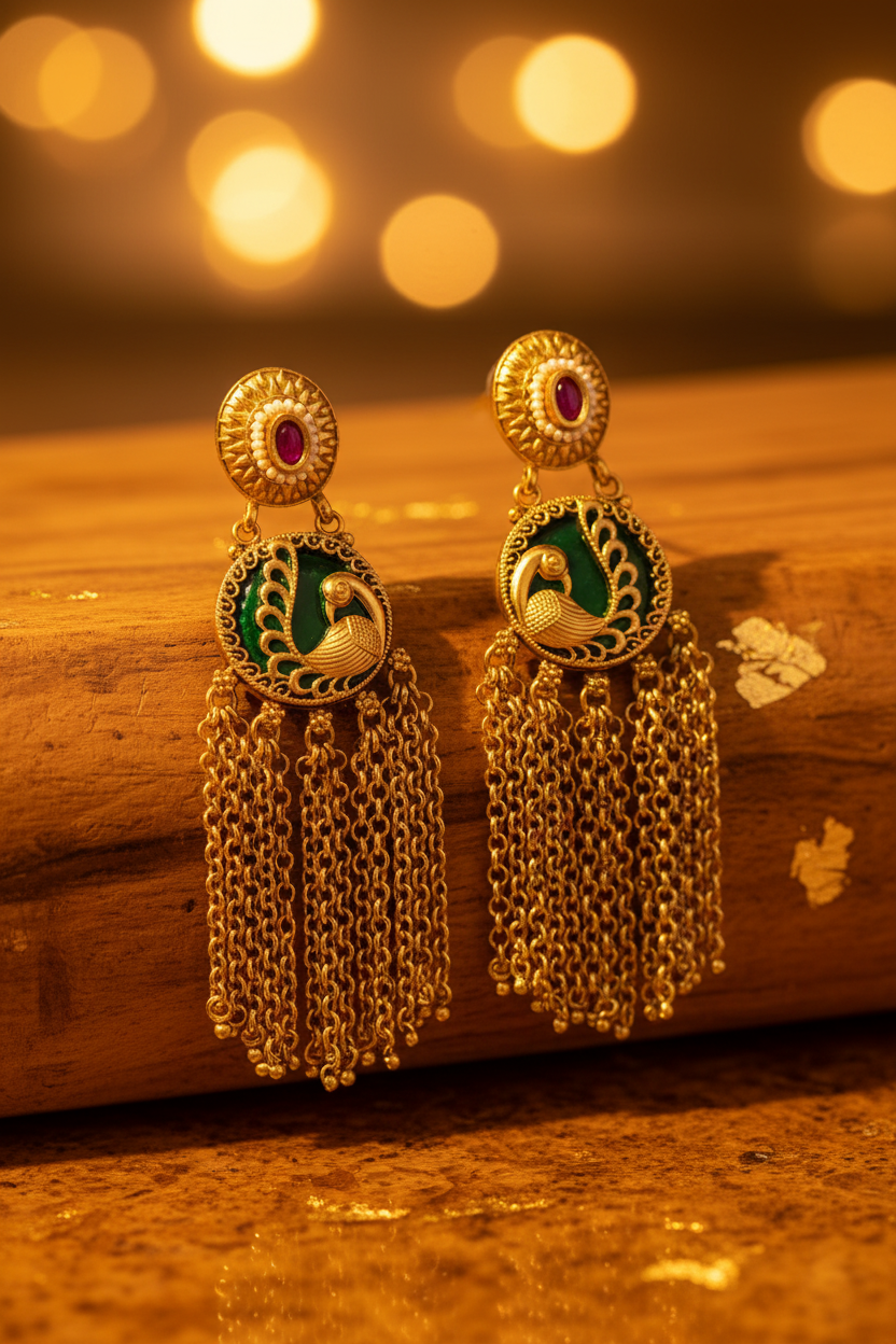 Antique Gold Peacock Green Enamel Chain Tassel Earrings - E-commerce Product Image