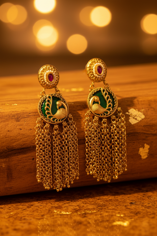 Antique Gold Peacock Green Enamel Chain Tassel Earrings - E-commerce Product Image