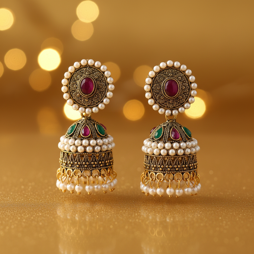 Antique Gold Pearl Border Ruby Stud Jhumka Earrings - E-commerce Product Image