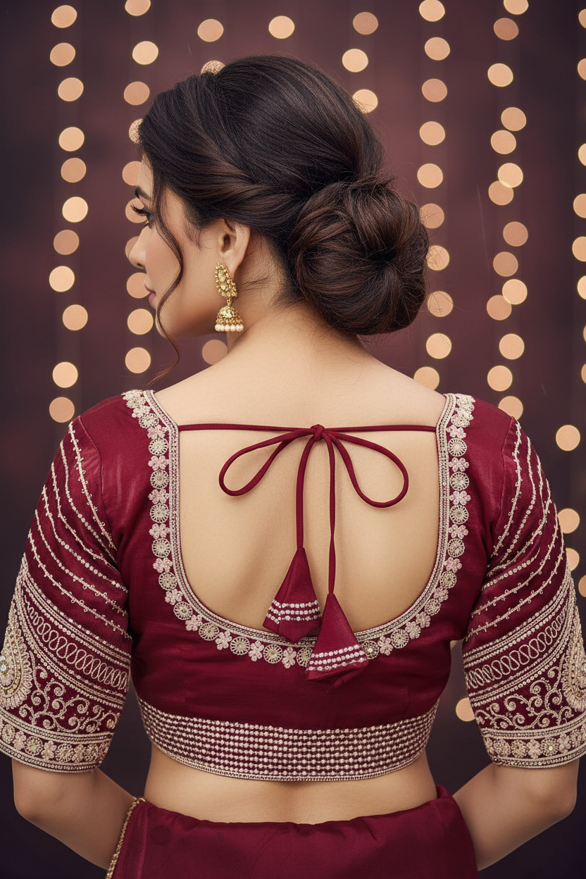 Deep Maroon Organza Zardozi Blouse - Back View with Bow Knot