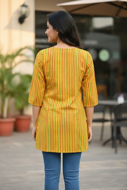 Sunshine Yellow Multicolor Stripe Wooden Button Kurti - Back View