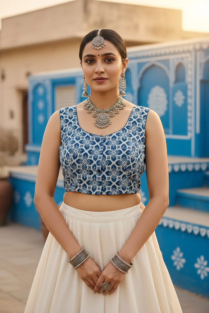 Indigo Blue White Dabu Block Print Cotton Sleeveless Blouse Wide Round Neckline Navy Lining Front Hooks - Front View on Indian Model