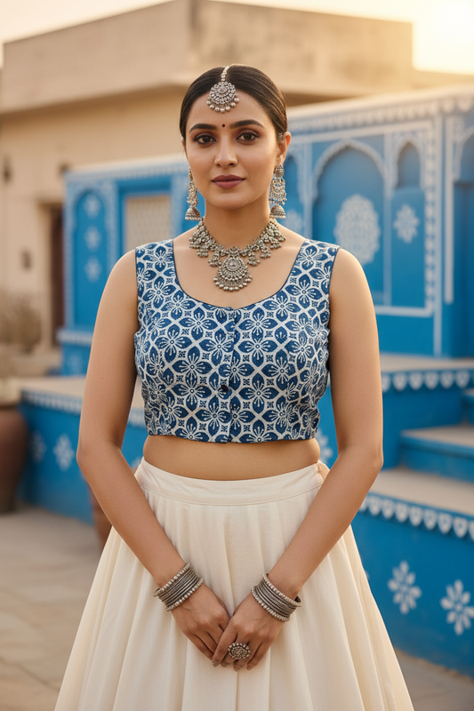 Indigo Blue White Dabu Block Print Cotton Sleeveless Blouse Wide Round Neckline Navy Lining Front Hooks - Front View on Indian Model