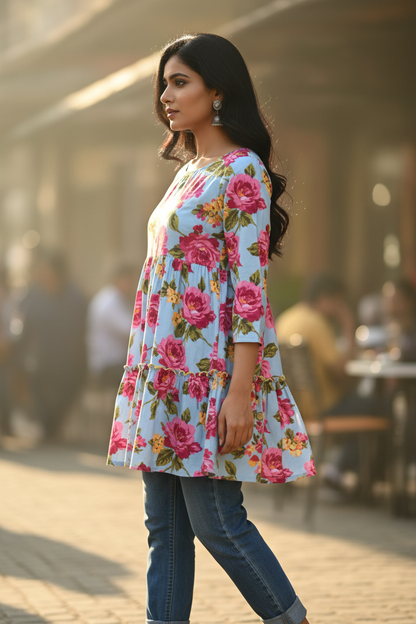 Powder Blue Pink Magenta Floral Tiered Ruffle Kurti - Side View with Jeans