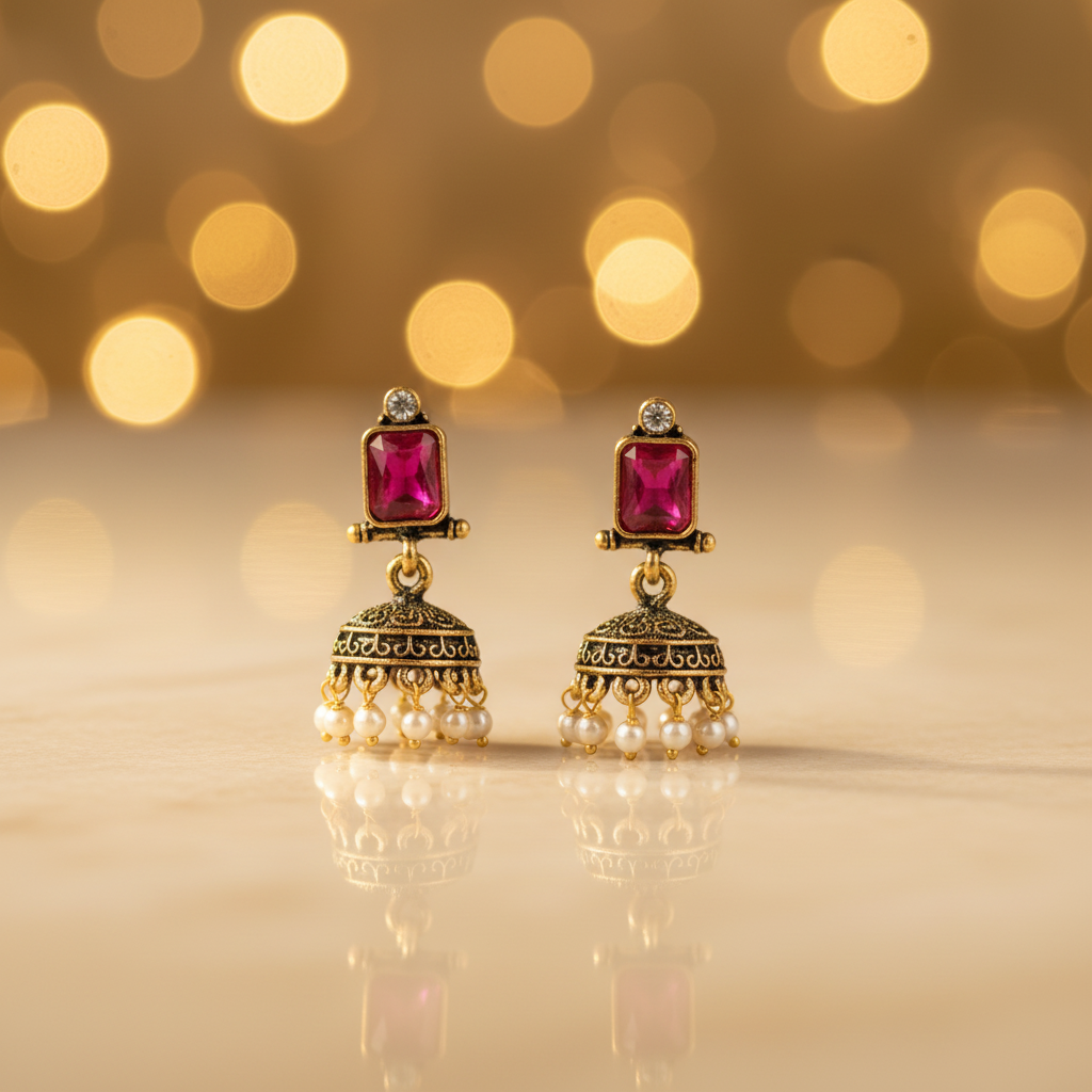 Antique Gold Ruby Rectangle Stone Jhumka Earrings - E-commerce Product Image