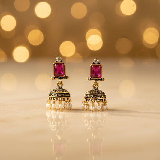 Antique Gold Ruby Rectangle Stone Jhumka Earrings - E-commerce Product Image
