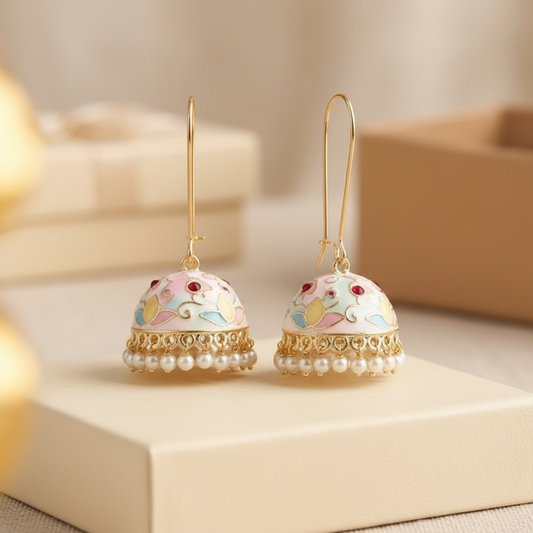 Gold Hook Pastel Meenakari Jhumka Earrings - E-commerce Product Image