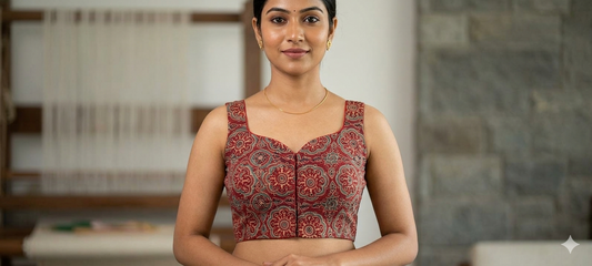 Red Ajrakh Large Mandala Medallion Print Cotton Sleeveless Crop Blouse with Plain Red V-Yoke & Front Hooks