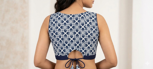 Indigo Blue White Dabu Block Print Cotton Sleeveless Blouse with Wide Round Neckline, Front Hooks & V-Back Cord Tie