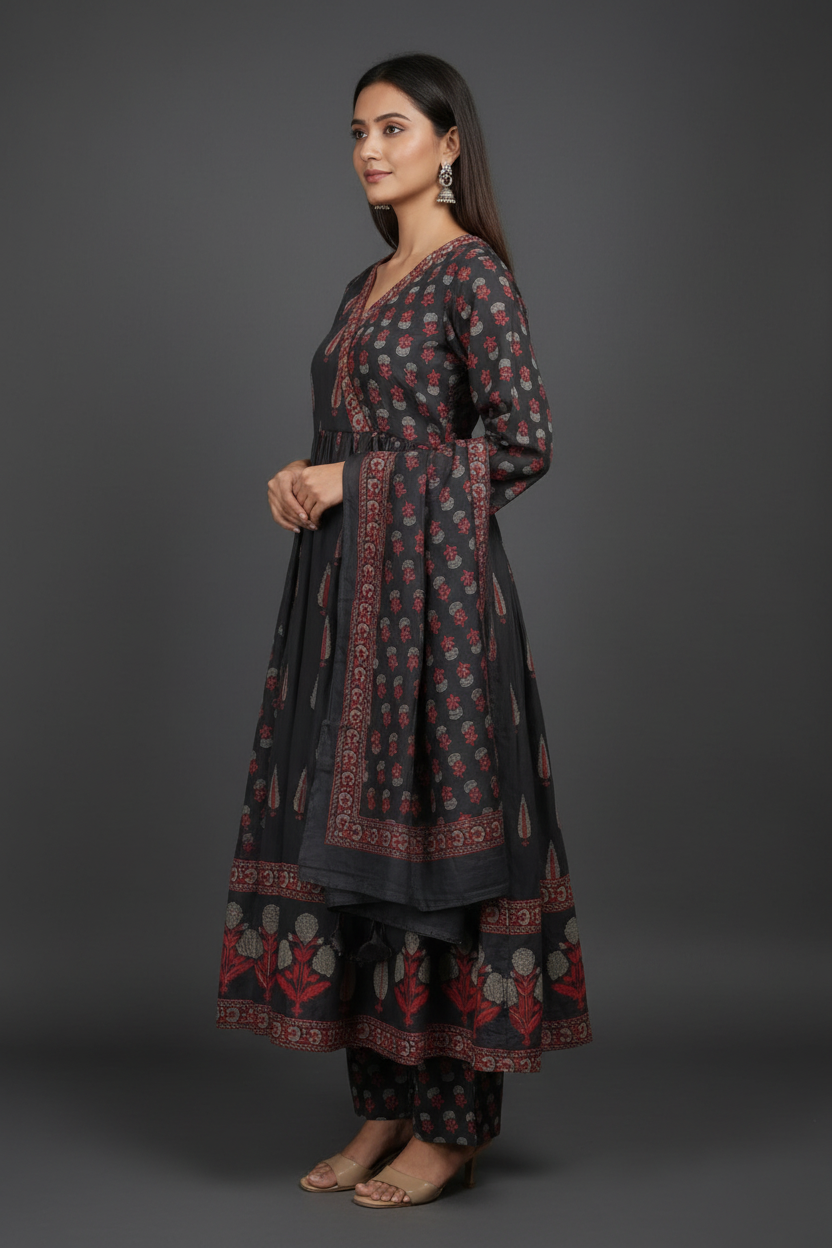 Dark Slate Grey Mughal Mango Paisley Angrakha Anarkali, Printed Pants & Matching Dupatta Set - Side View