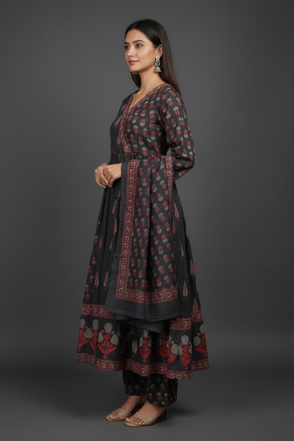 Dark Slate Grey Mughal Mango Paisley Angrakha Anarkali, Printed Pants & Matching Dupatta Set - Side View
