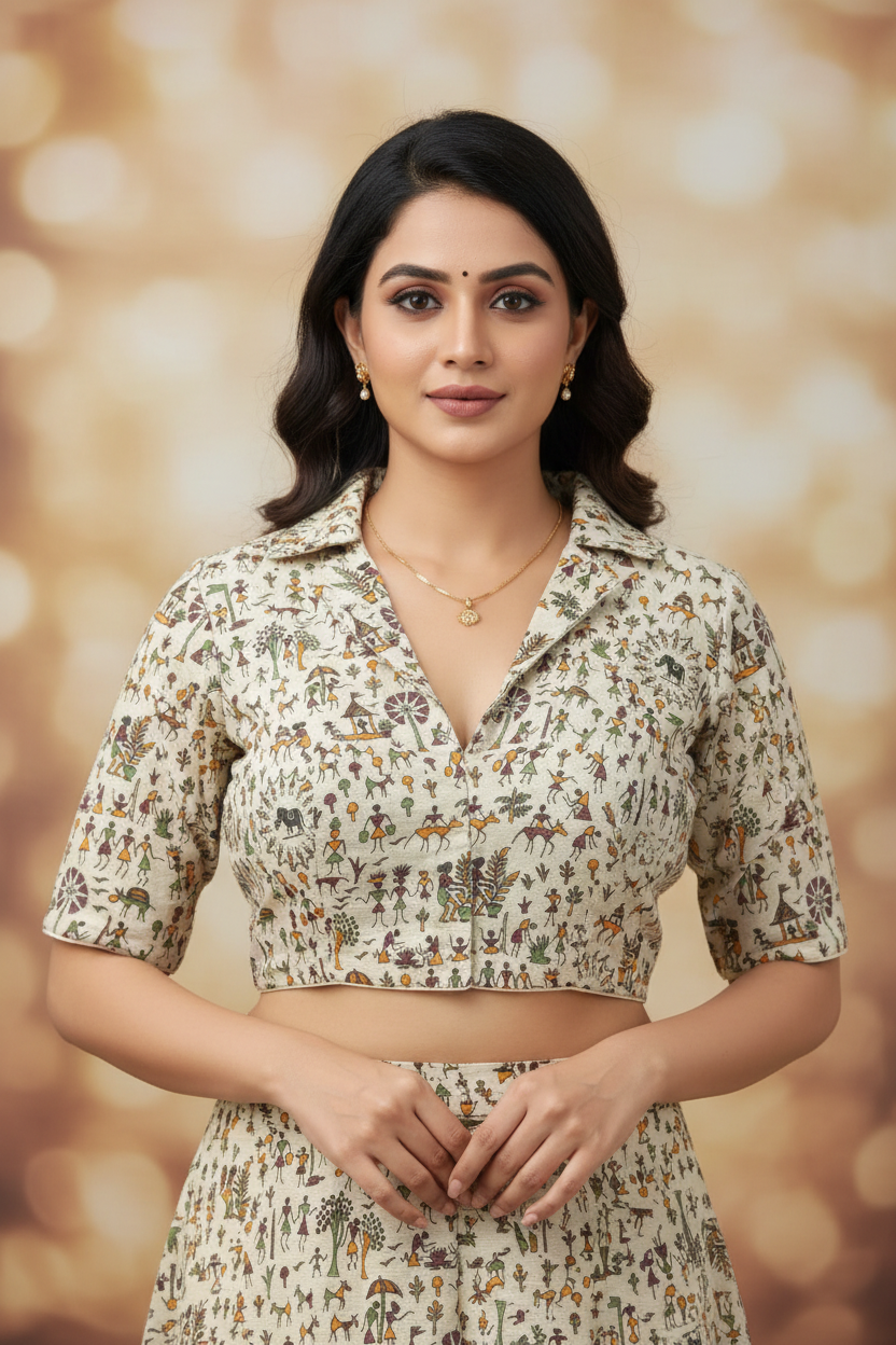 Cream Warli Print Collar Neck Blouse - Front View with Model