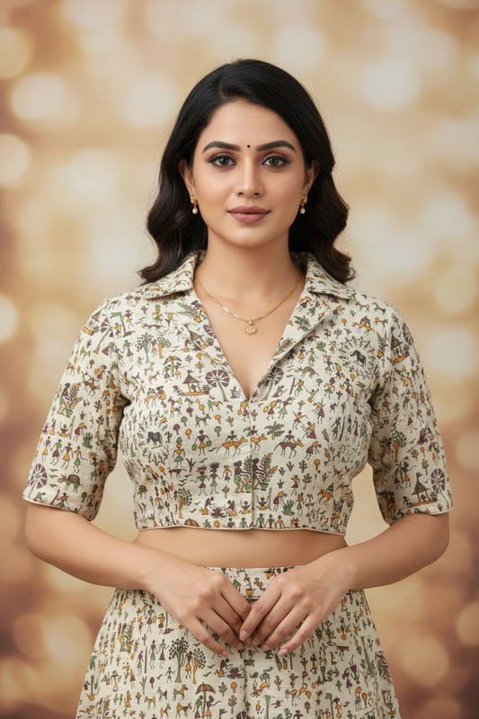 Cream Warli Print Collar Neck Blouse - Front View with Model
