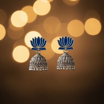 Blue Enamel Lotus Oxidised Silver Jhumka Earrings - E-commerce Product Image