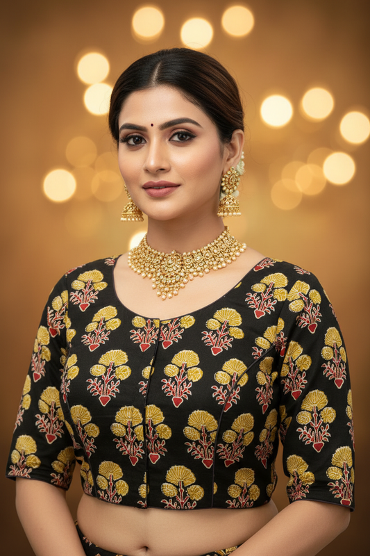 Black Gold Block Print Blouse - Front View with Model