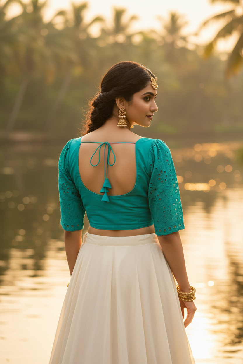 Teal Turquoise Plain Cotton Blouse Broderie Anglaise Eyelet Lace Puff Sleeves Wide Round Back Neckline Teal Cord Tie Knot - Back View on Indian Model