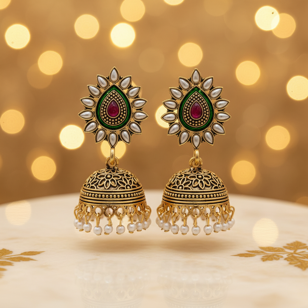 Antique Gold Kundan Sunburst Green Enamel Ruby Jhumka Earrings - E-commerce Product Image