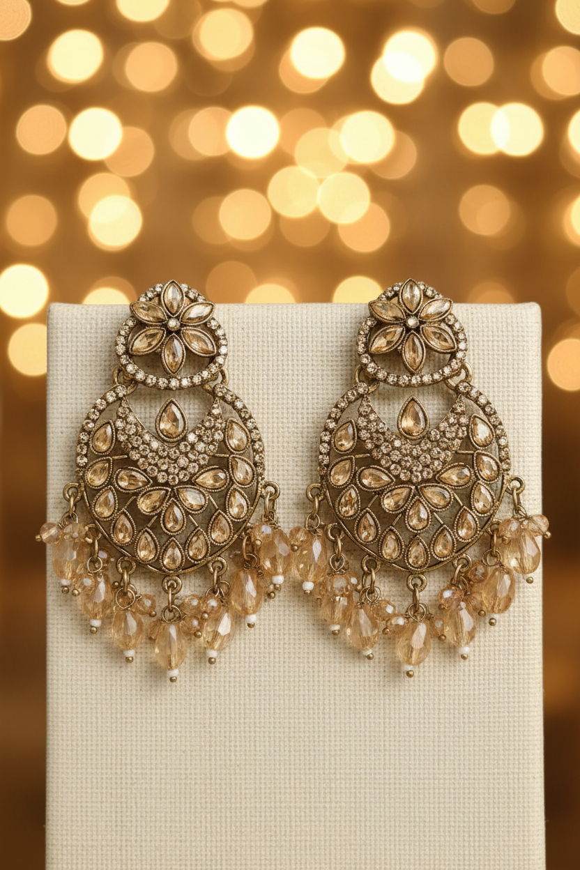Antique Gold Kundan Marquise Flower Stud Champagne CZ Pave Chand Bali Earrings - E-commerce Product Image