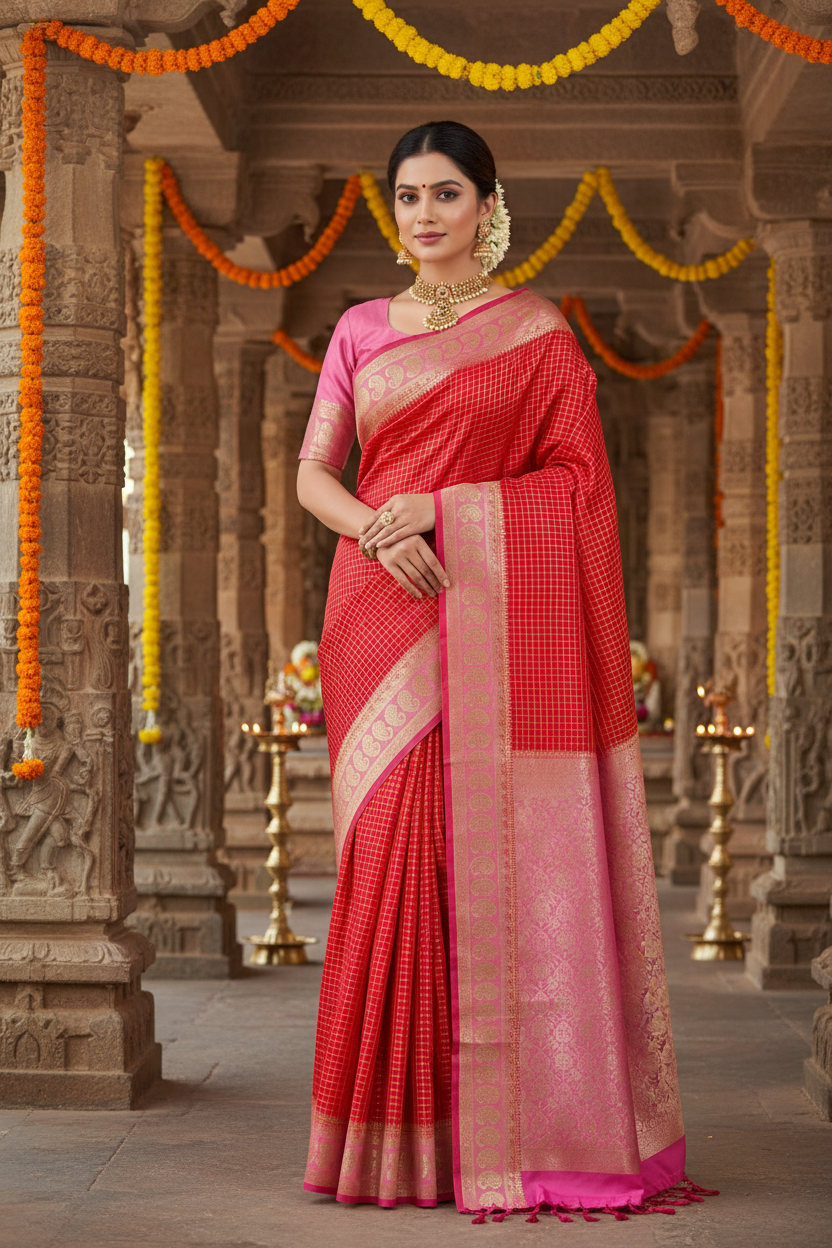 Indian woman in Red Banarasi Silk Saree with gold zari check body and grand pink Banarasi pallu, traditional temple background