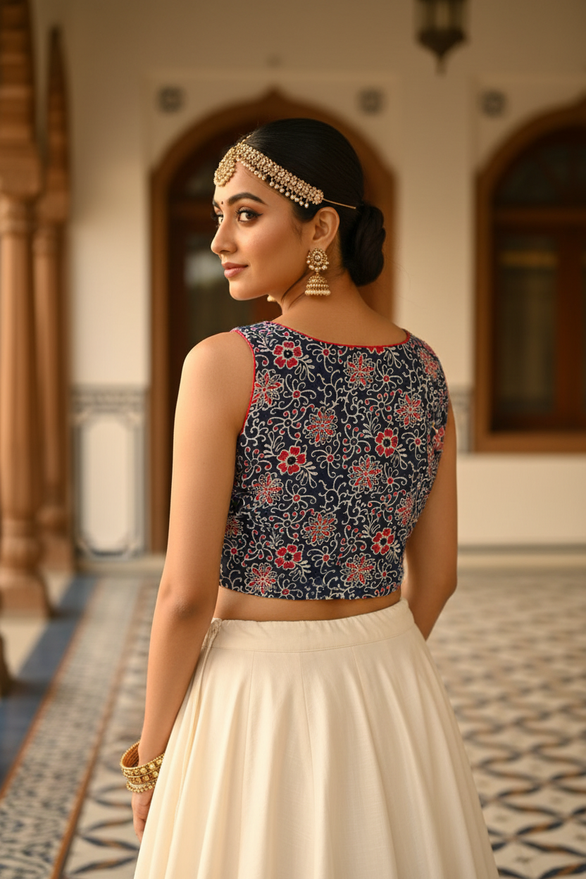 Navy Blue Dense Batik Floral Vine Print Sleeveless Crop Blouse Wide Round Back Neckline Red Pink Piping Back Hooks - Back View on Indian Model