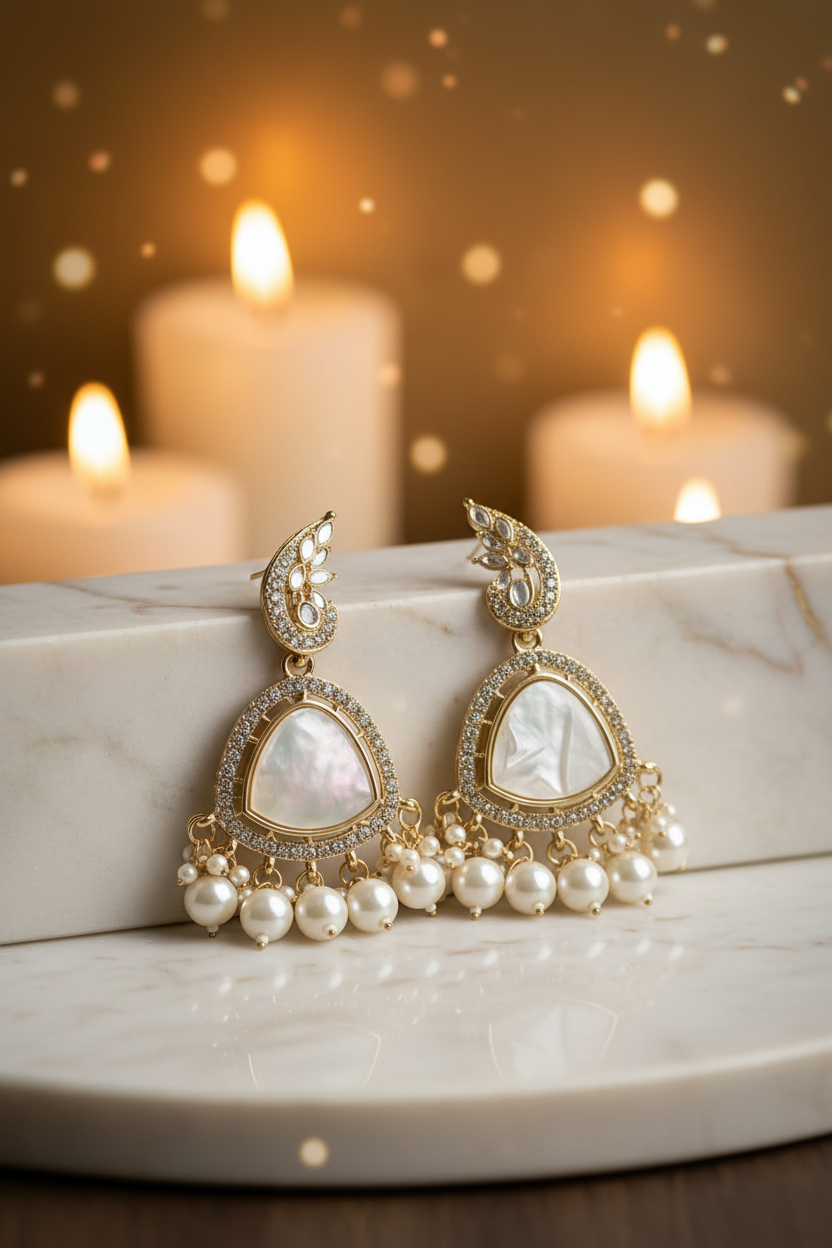 Gold CZ Pave Crescent Mother of Pearl Triangle Drop Earrings - E-commerce Product Image