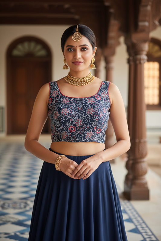 Navy Blue Dense Batik Floral Vine Print Sleeveless Crop Blouse Wide Round Neckline Red Pink Piping Front Hooks Wide Straps - Front View on Indian Model