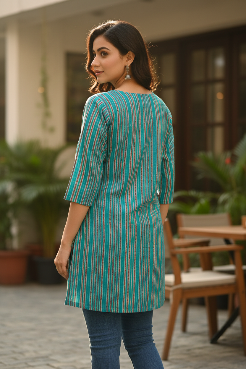 Teal Turquoise Multicolor Stripe Wooden Button Kurti - Back View
