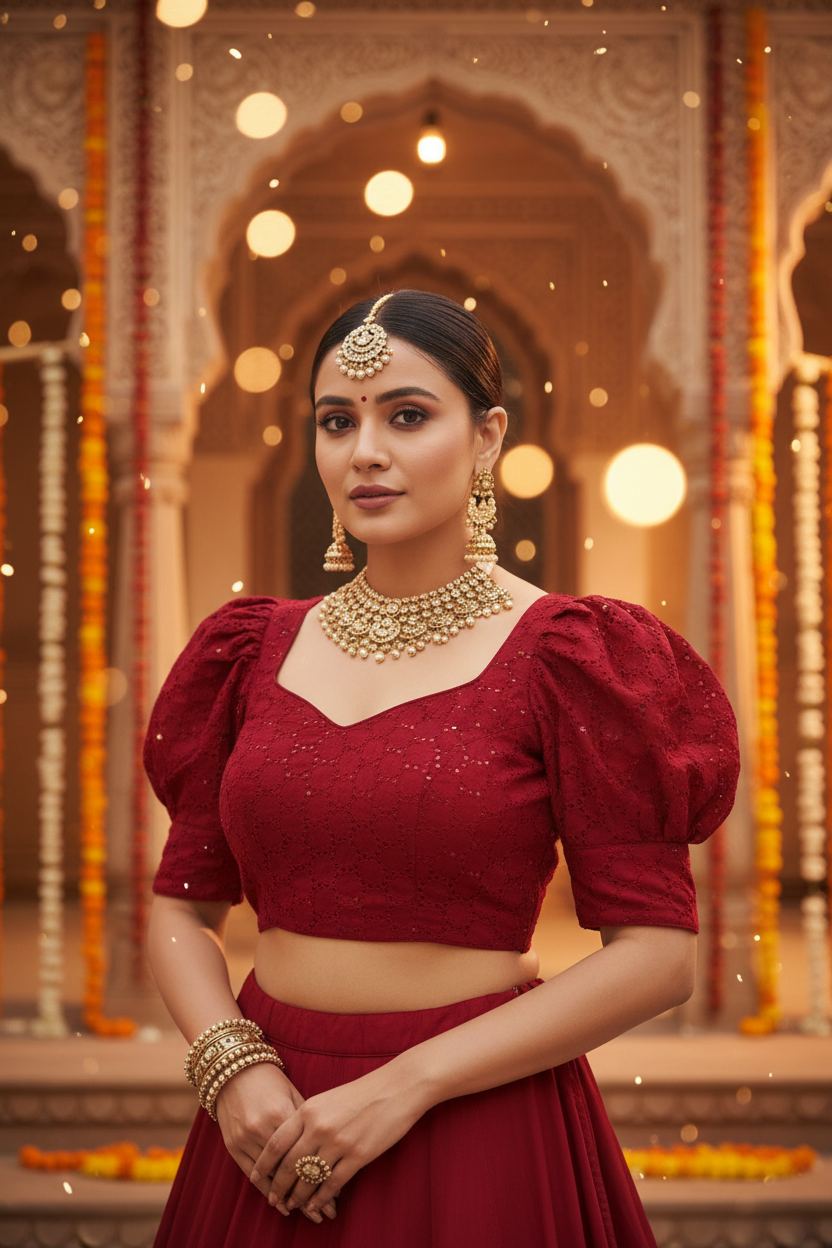 Deep Crimson Red Cotton Hakoba Blouse Deep Sweetheart Neckline Gathered Pleat Sleeves - Front View on Indian Model