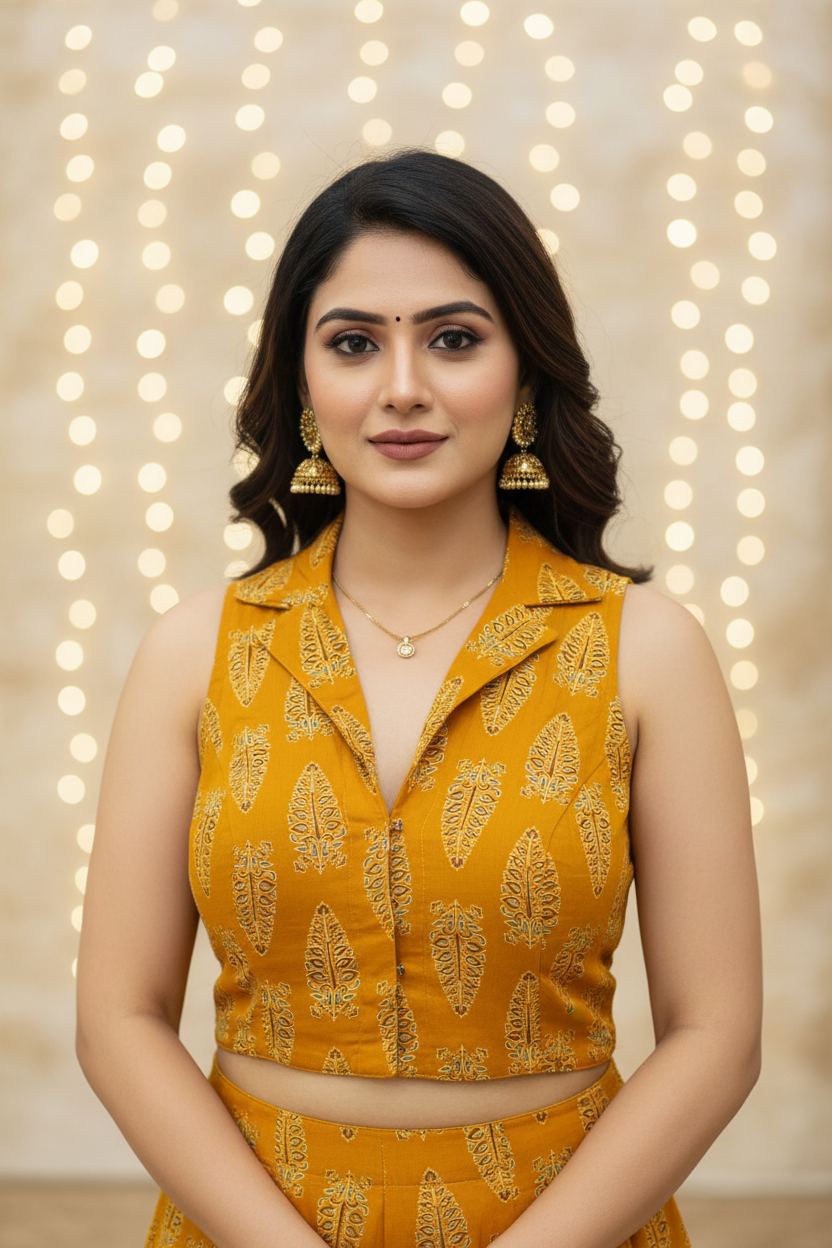 Mustard Yellow Leaf Print Sleeveless Blouse - Front View with Model