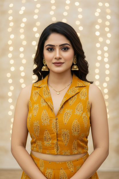 Mustard Yellow Leaf Print Sleeveless Blouse - Front View with Model
