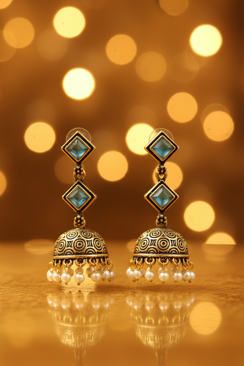 Antique Gold Double Square Aqua Blue Kundan Jhumka Earrings - E-commerce Product Image