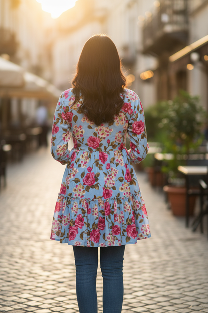 Powder Blue Pink Magenta Floral Tiered Ruffle Kurti - Back View with Jeans