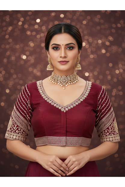 Deep Maroon Organza Zardozi Blouse - Front View with Model