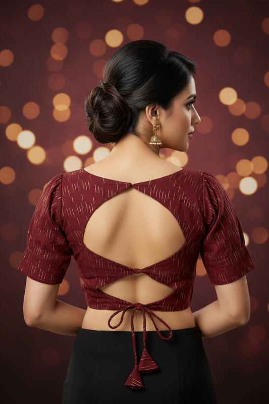 Maroon Gold Dash Print Puff Sleeve Blouse - Back View with Heart Cutout