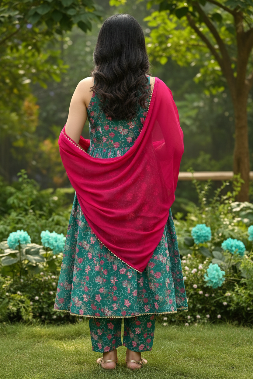 Teal green honeycomb lattice pink floral print sleeveless A-line kurti with matching straight pants and plain hot pink dupatta set - back view on Indian female model