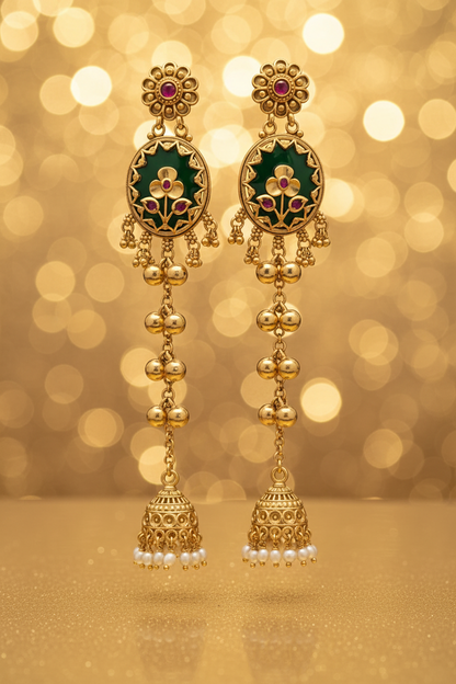 Antique Gold Flower Stud Green Enamel Oval Long Jhumka Earrings - E-commerce Product Image