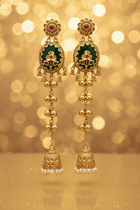 Antique Gold Flower Stud Green Enamel Oval Long Jhumka Earrings - E-commerce Product Image