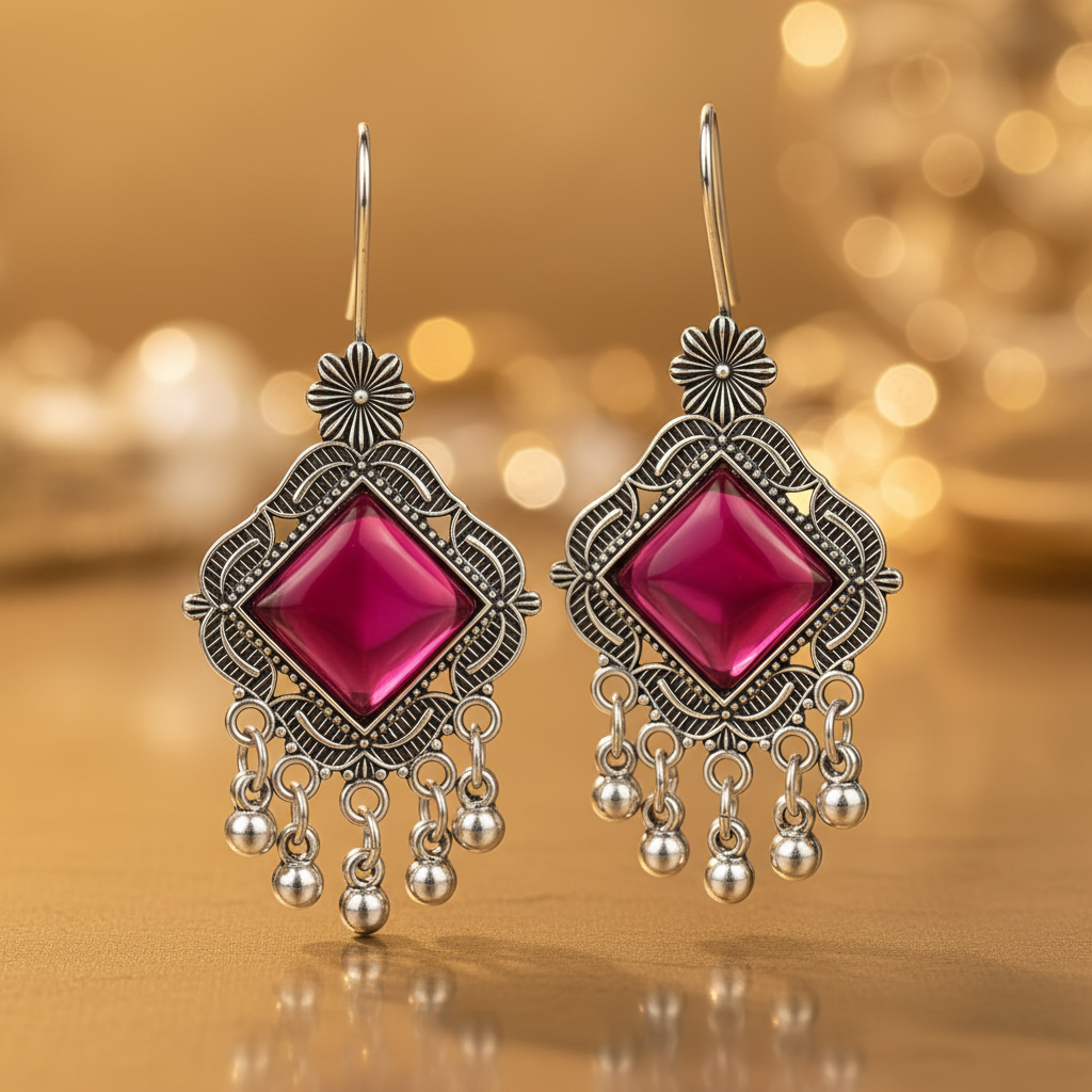 Oxidised Silver Magenta Stone Chandelier Earrings - E-commerce Product Image