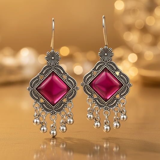 Oxidised Silver Magenta Stone Chandelier Earrings - E-commerce Product Image