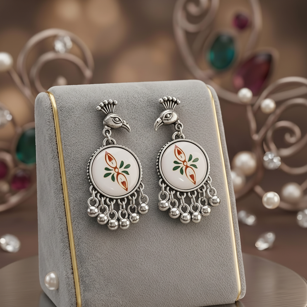 Oxidised Silver Peacock Meenakari Floral Disc Drop Earrings - E-commerce Product Image