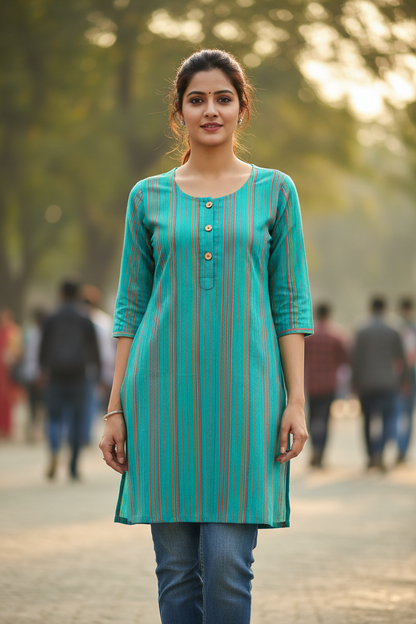 Teal Turquoise Multicolor Stripe Wooden Button Kurti - Front View