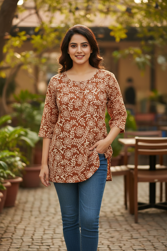 Rust Terracotta Kantha Daisy Embroidered Kurti with Wooden Buttons - Front View with Jeans