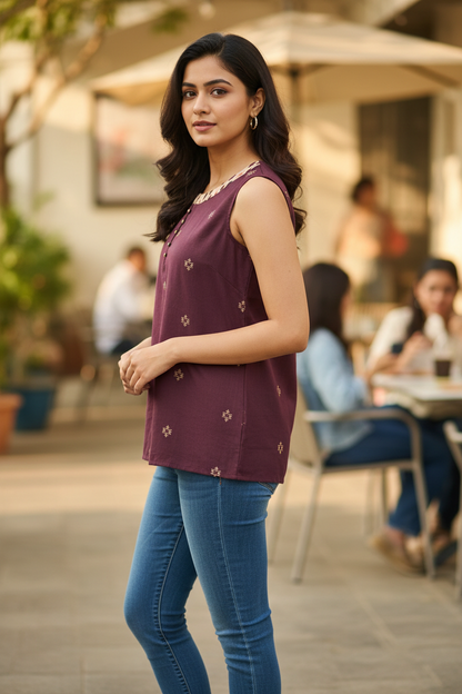 Wine Purple Geometric Motif Top - Side View with Jeans