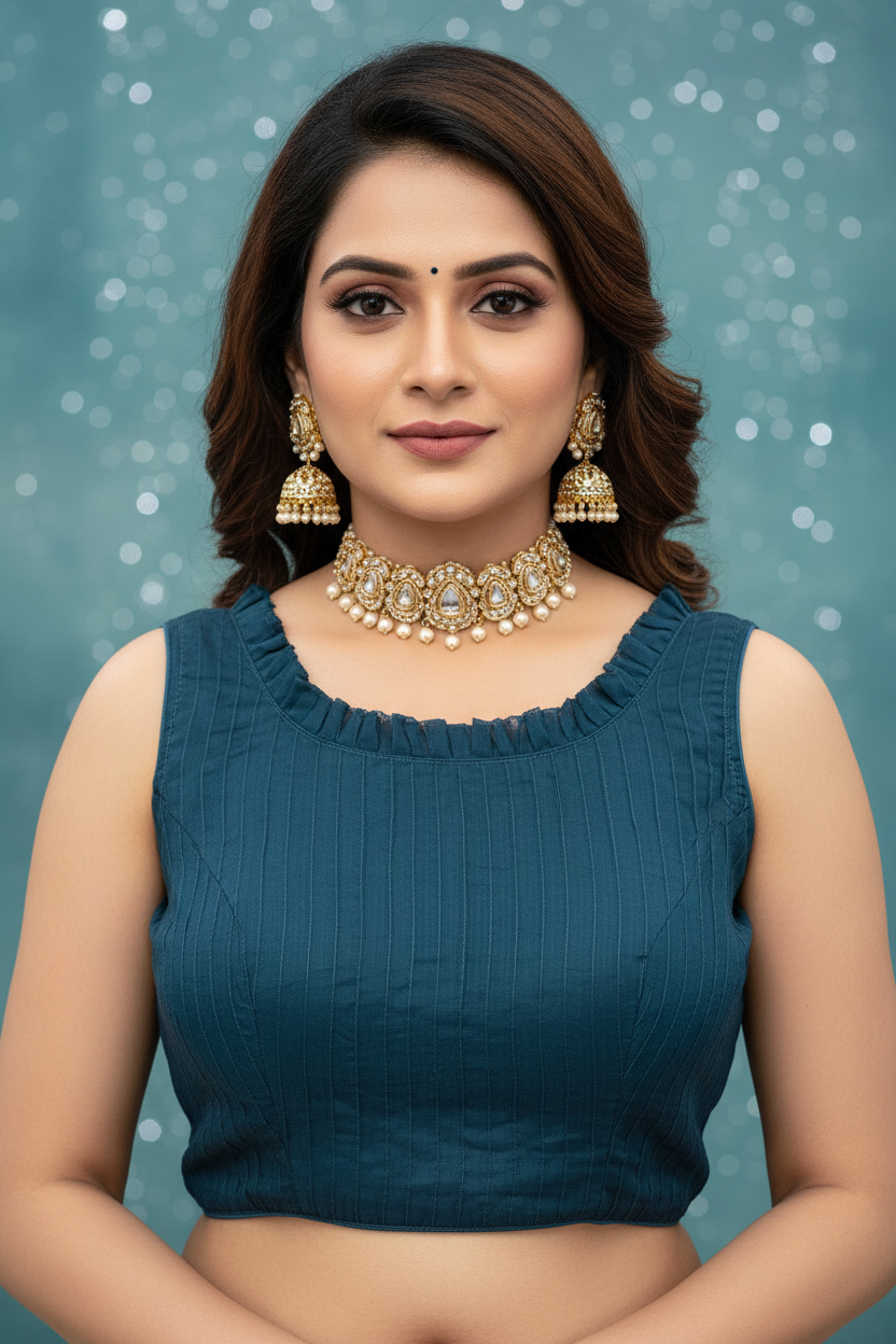 Teal Blue Sleeveless Ruffled Collar Blouse - Front View with Model