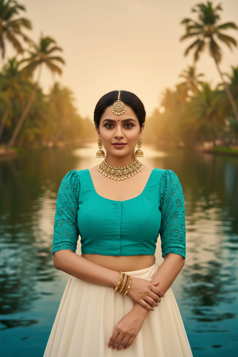 Teal Turquoise Plain Cotton Blouse Broderie Anglaise Eyelet Lace Puff Sleeves Wide Round Neckline Front Hooks - Front View on Indian Model