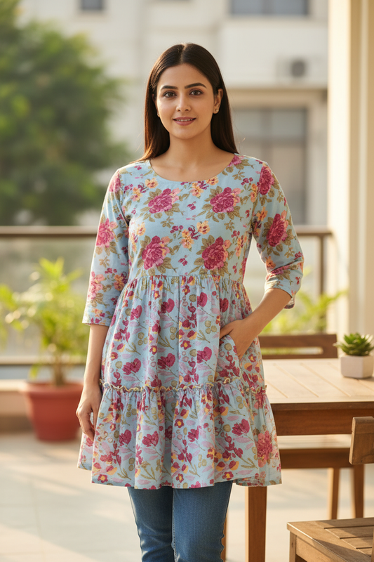 Powder Blue Pink Magenta Floral Tiered Ruffle Kurti - Front View with Jeans
