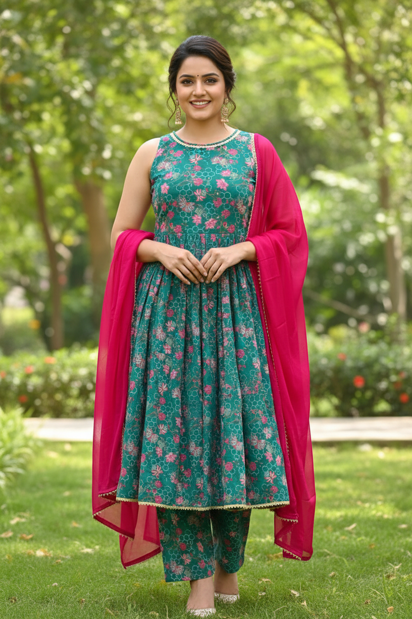 Teal green honeycomb lattice pink floral print sleeveless A-line kurti with matching straight pants and plain hot pink dupatta set - front view on Indian female model